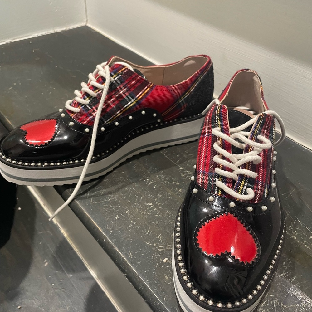 Plaid and Black Heart Studded Sneakers